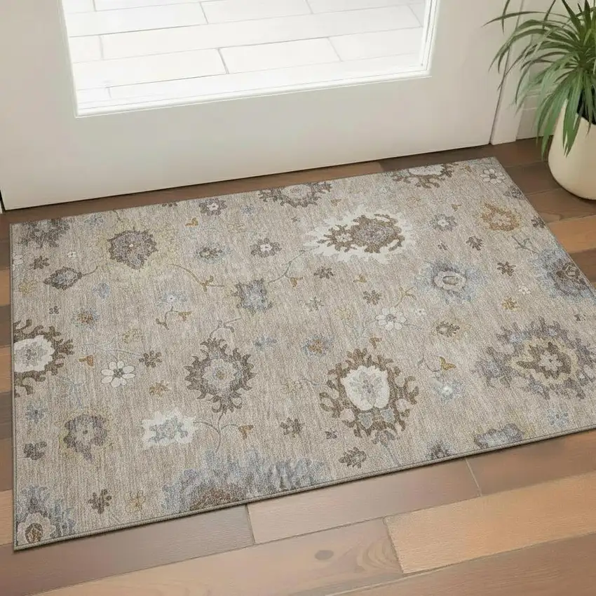 Taupe Gray And Ivory Floral Medallion Washable Area Rug With UV Protection Photo 1