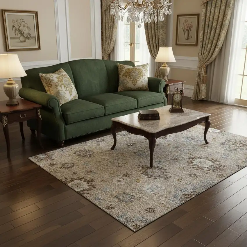 Taupe Gray And Ivory Floral Medallion Washable Area Rug With UV Protection Photo 2