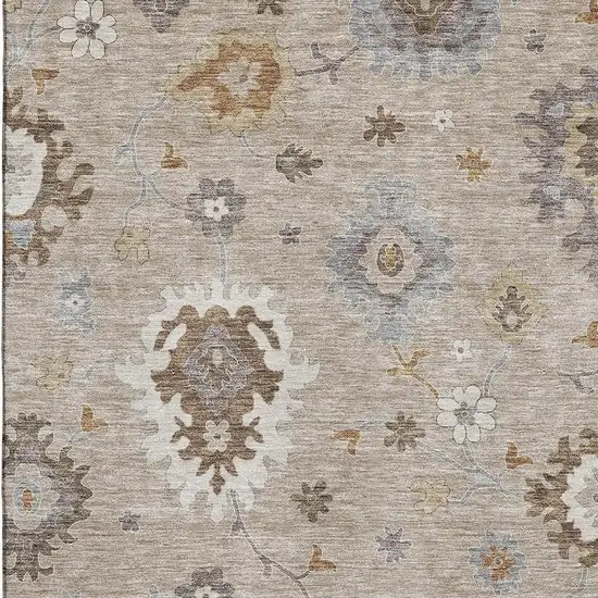 Taupe Gray And Ivory Floral Medallion Washable Area Rug With UV Protection Photo 3