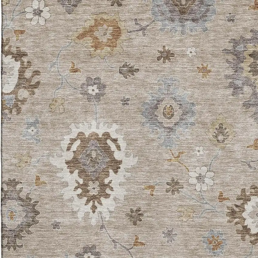 Taupe Gray And Ivory Floral Medallion Washable Area Rug With UV Protection Photo 3