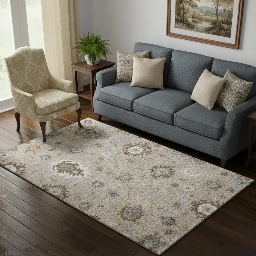 Taupe Gray And Ivory Floral Medallion Washable Area Rug With UV Protection Photo 1