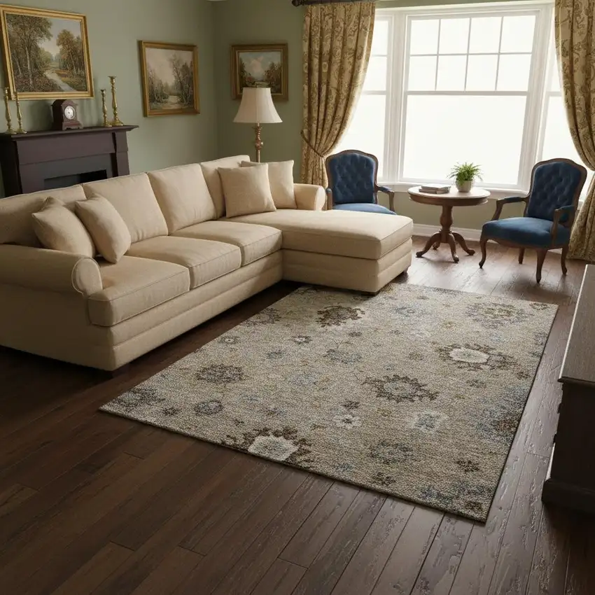 Taupe Gray And Ivory Floral Medallion Washable Area Rug With UV Protection Photo 2