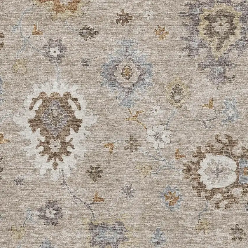 Taupe Gray And Ivory Floral Medallion Washable Area Rug With UV Protection Photo 3