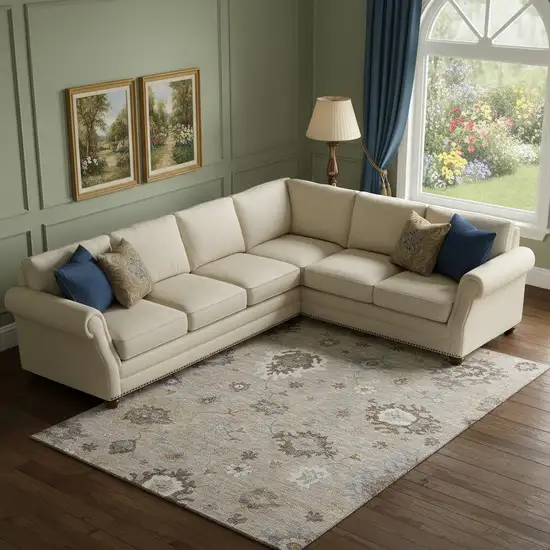 Taupe Gray And Ivory Floral Medallion Washable Area Rug With UV Protection Photo 1