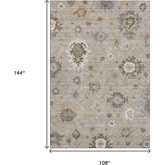 Taupe Gray And Ivory Floral Medallion Washable Area Rug With UV Protection Photo 3