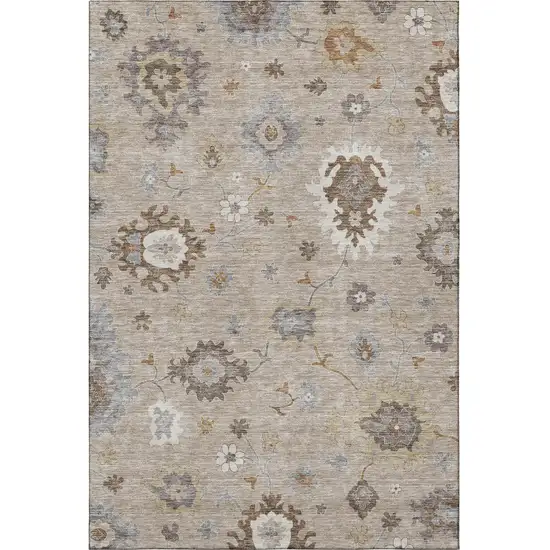 Taupe Gray And Ivory Floral Medallion Washable Area Rug With UV Protection Photo 4