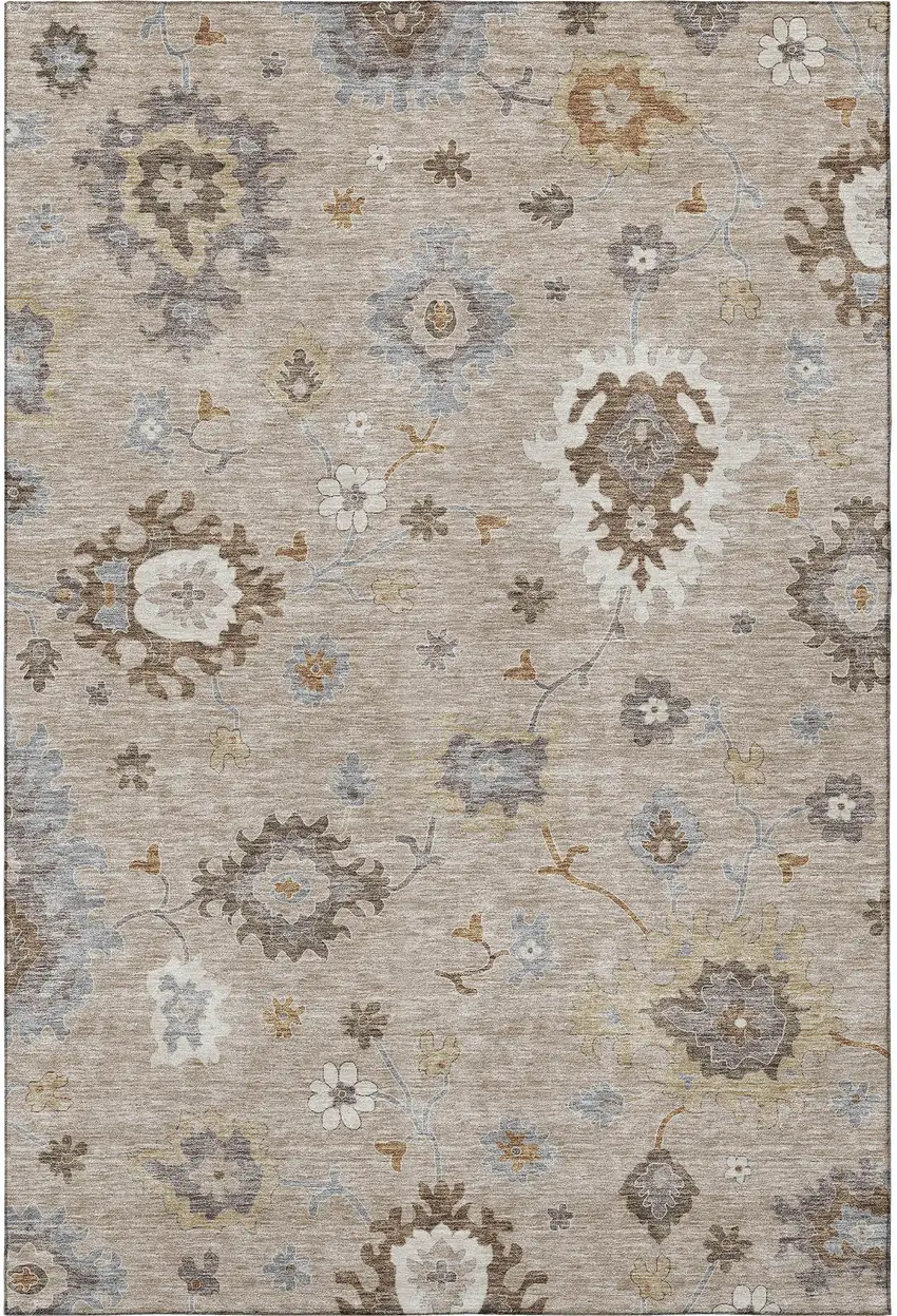 Taupe Gray And Ivory Floral Medallion Washable Area Rug With UV Protection Photo 4