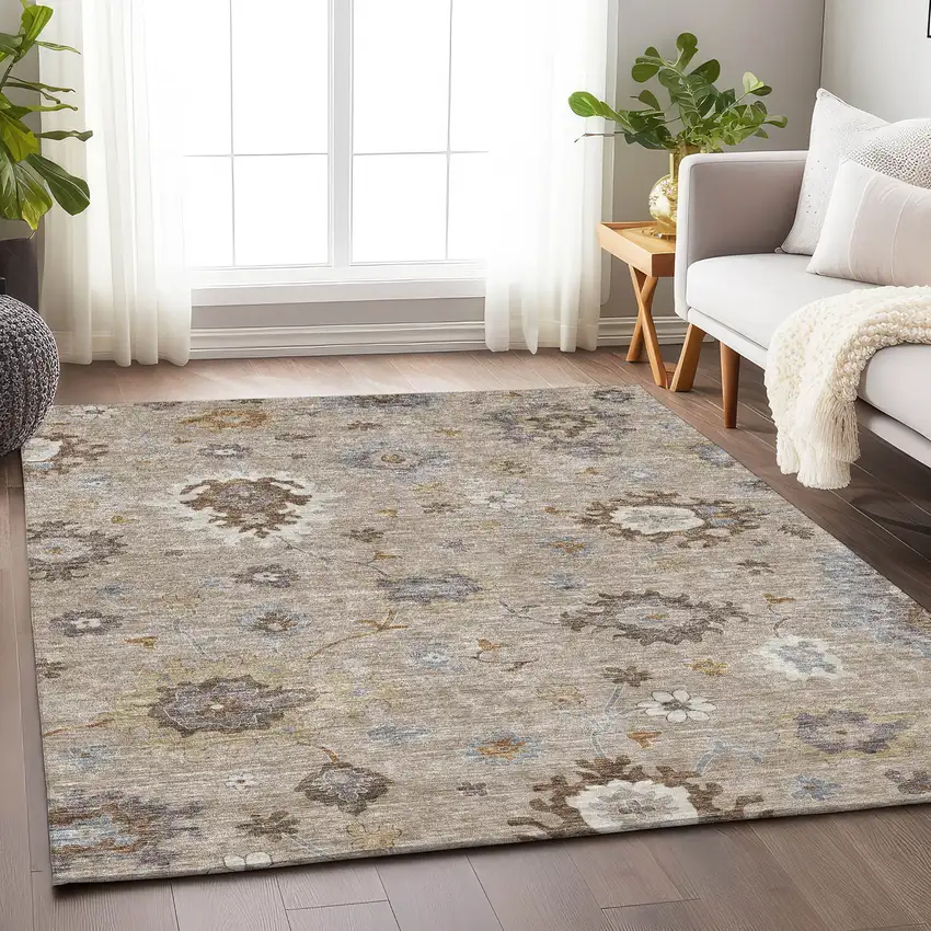 Taupe Gray And Ivory Floral Medallion Washable Area Rug With UV Protection Photo 5