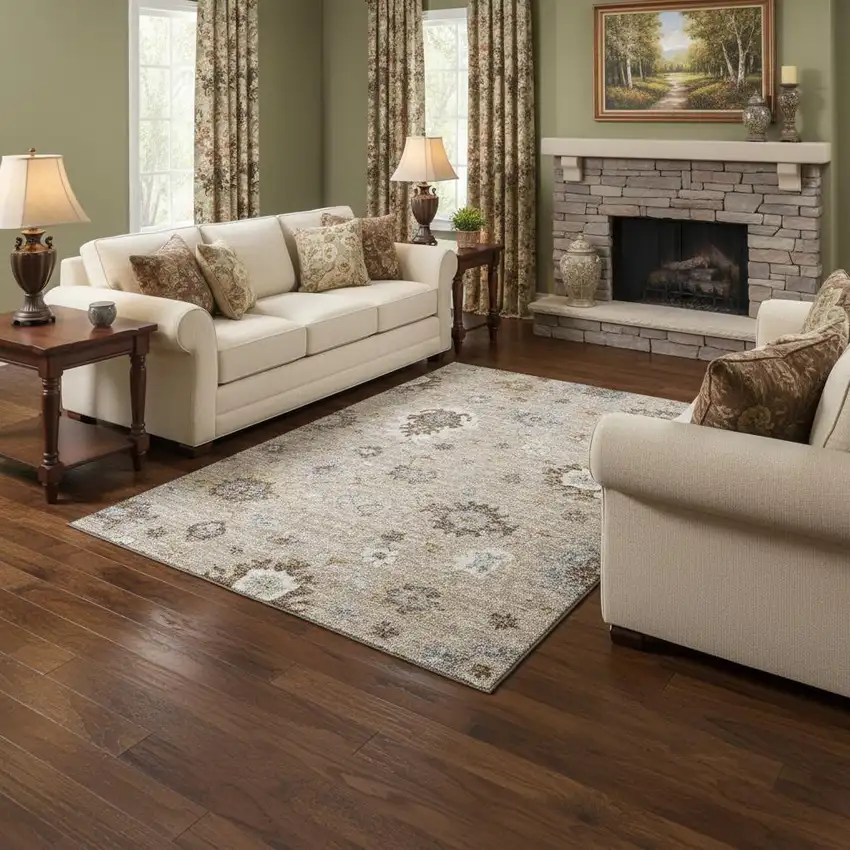 Taupe Gray And Ivory Floral Medallion Washable Area Rug With UV Protection Photo 2