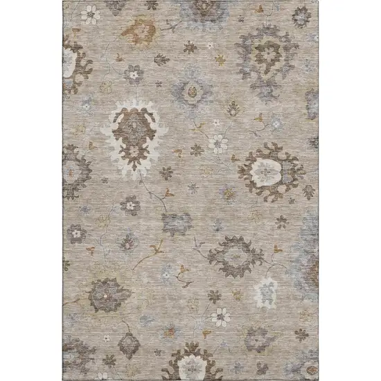 Taupe Gray And Ivory Floral Medallion Washable Area Rug With UV Protection Photo 1