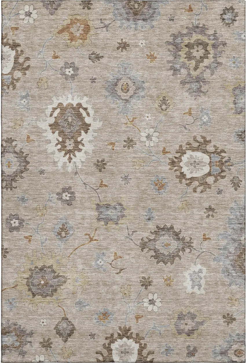 Taupe Gray And Ivory Floral Medallion Washable Area Rug With UV Protection Photo 1