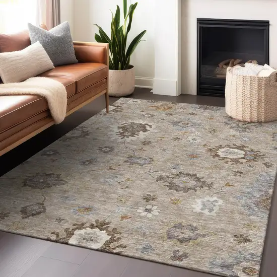 Taupe Gray And Ivory Floral Medallion Washable Area Rug With UV Protection Photo 6