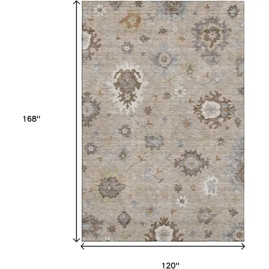 Taupe Gray And Ivory Floral Medallion Washable Area Rug With UV Protection Photo 3