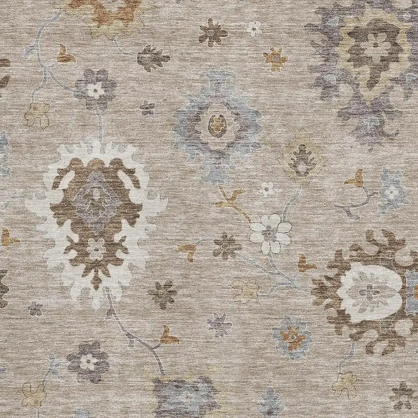 Taupe Gray And Ivory Floral Medallion Washable Area Rug With UV Protection Photo 3