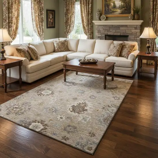 Taupe Gray And Ivory Floral Medallion Washable Area Rug With UV Protection Photo 2