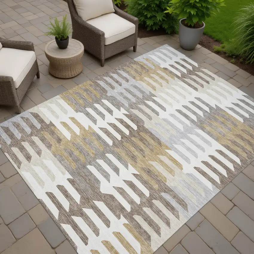 Taupe Gray And Ivory Geometric Washable Indoor Outdoor Area Rug Photo 8