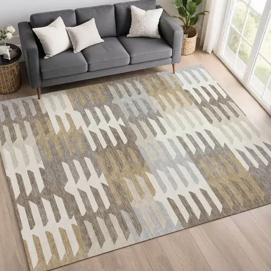 Taupe Gray And Ivory Geometric Washable Indoor Outdoor Area Rug Photo 9