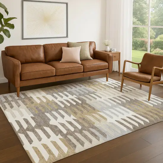 Taupe Gray And Ivory Geometric Washable Indoor Outdoor Area Rug Photo 9