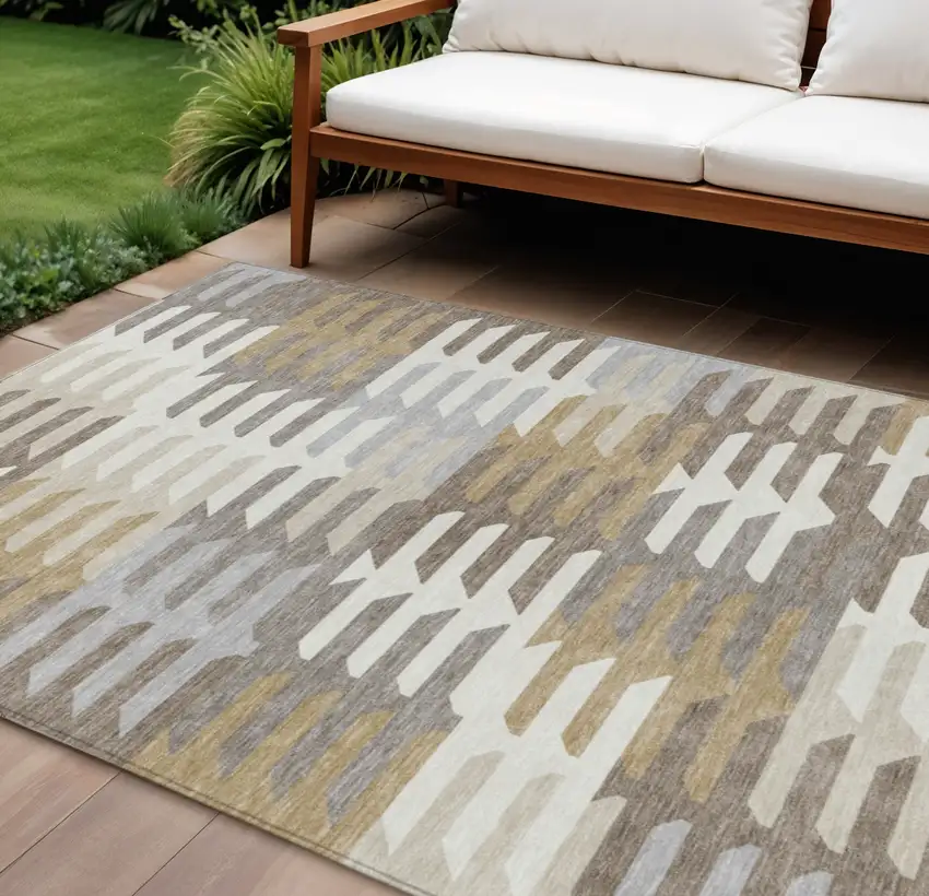 Taupe Gray And Ivory Geometric Washable Indoor Outdoor Area Rug Photo 1