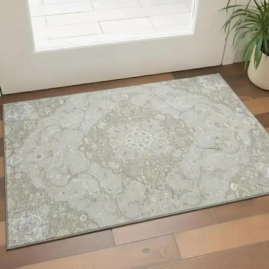 Taupe Gray And Ivory Medallion Washable Area Rug With UV Protection Photo 2