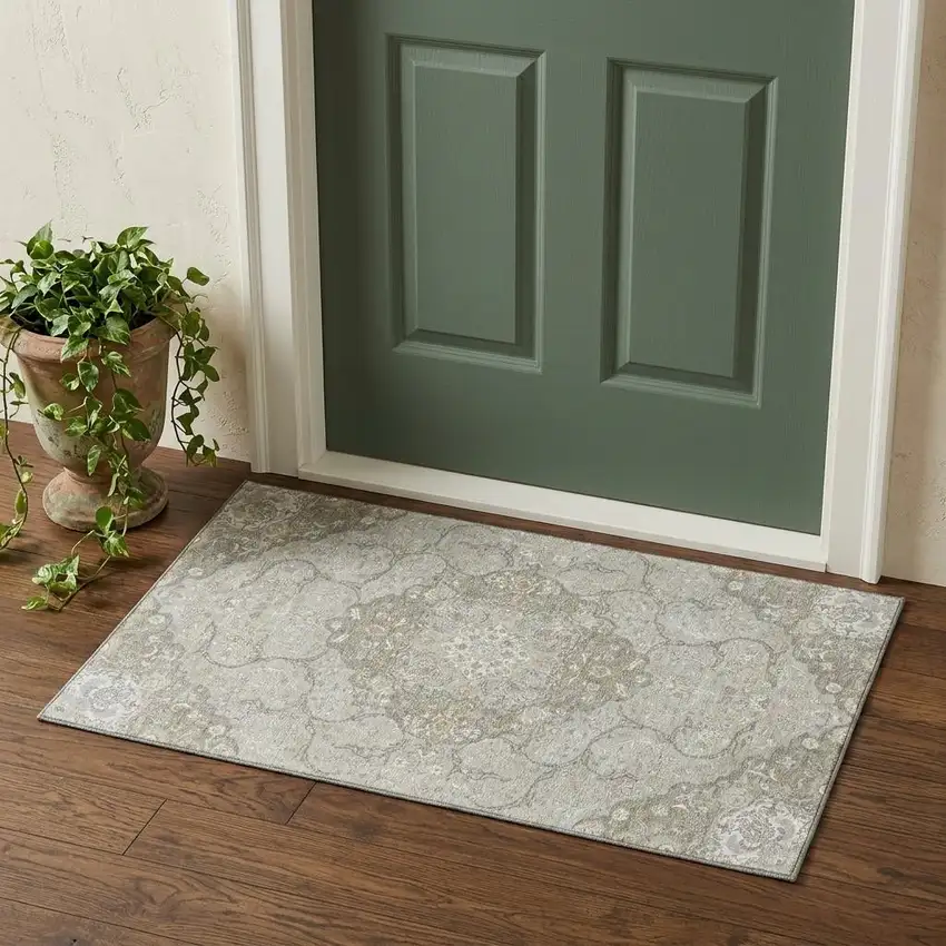 Taupe Gray And Ivory Medallion Washable Area Rug With UV Protection Photo 1
