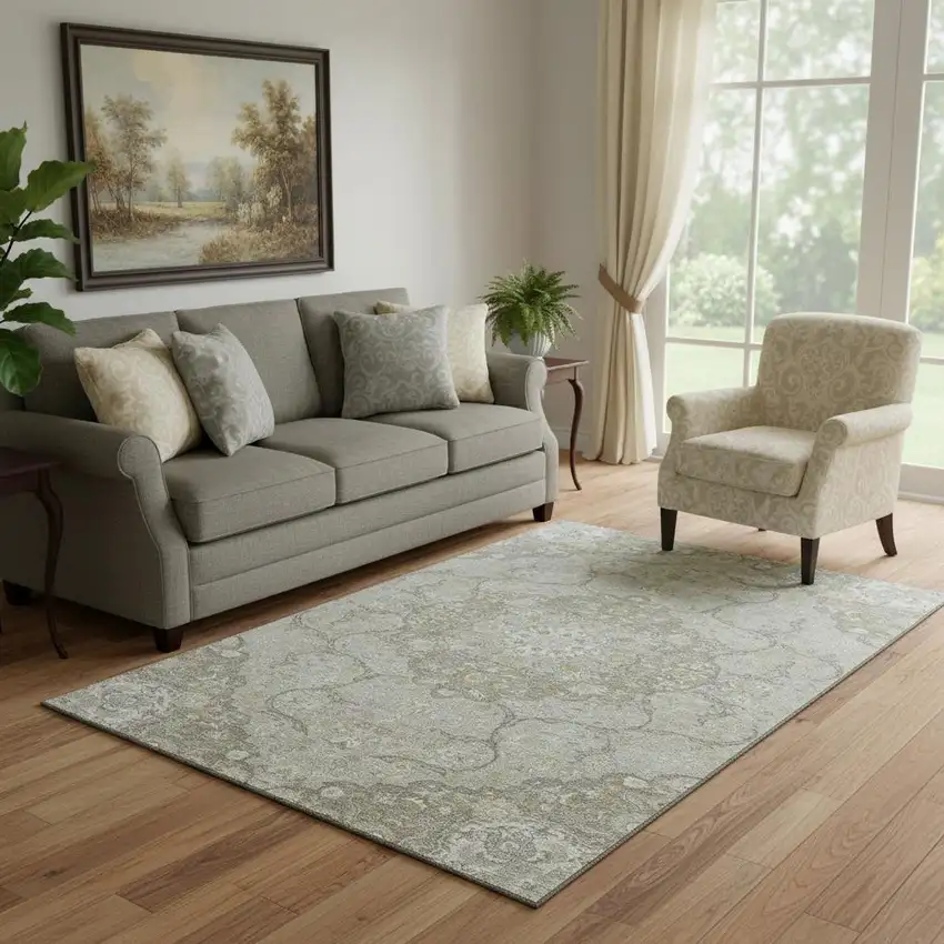 Taupe Gray And Ivory Medallion Washable Area Rug With UV Protection Photo 2