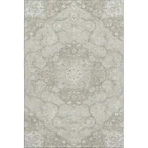 Photo of Taupe Gray And Ivory Medallion Washable Area Rug With UV Protection