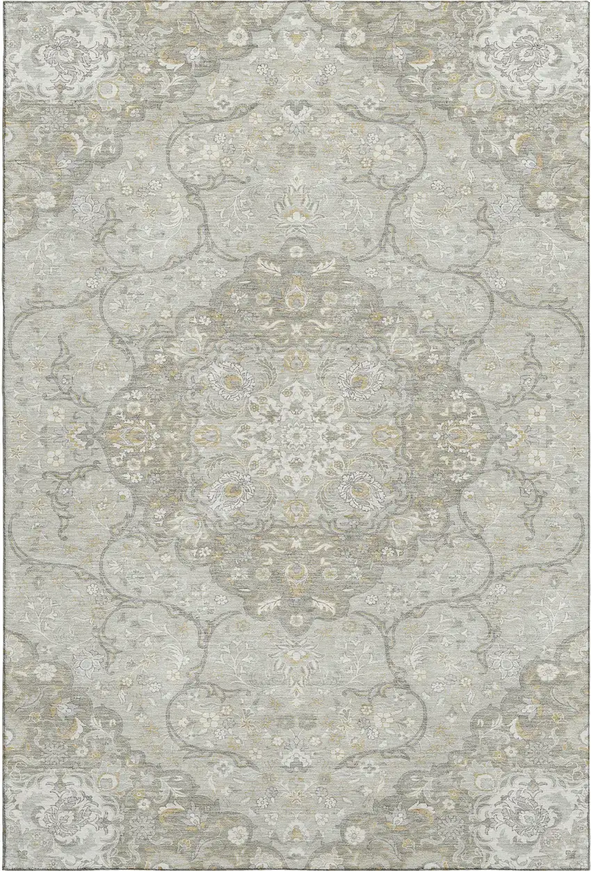 Taupe Gray And Ivory Medallion Washable Area Rug With UV Protection Photo 1