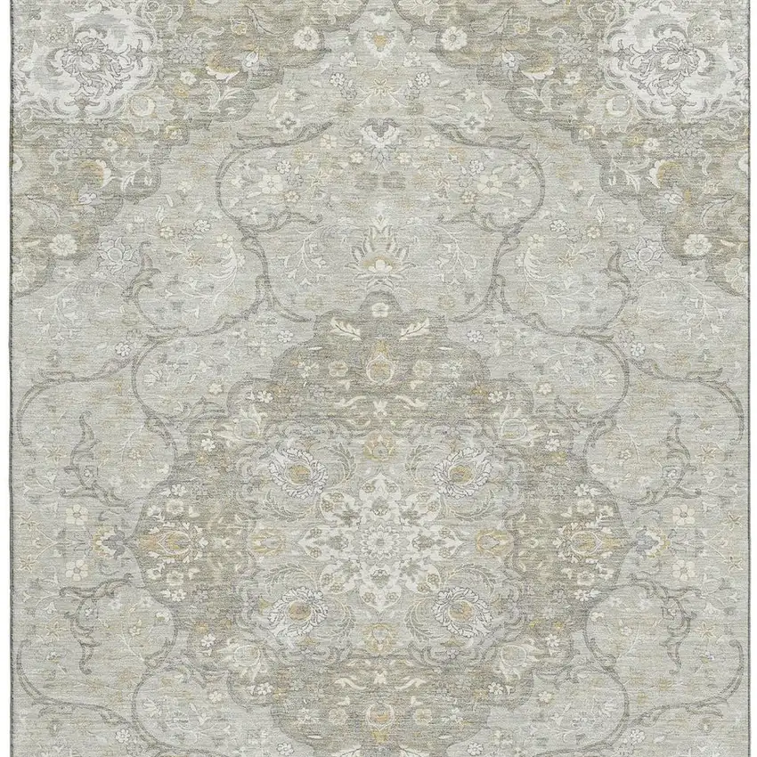 Taupe Gray And Ivory Medallion Washable Area Rug With UV Protection Photo 3