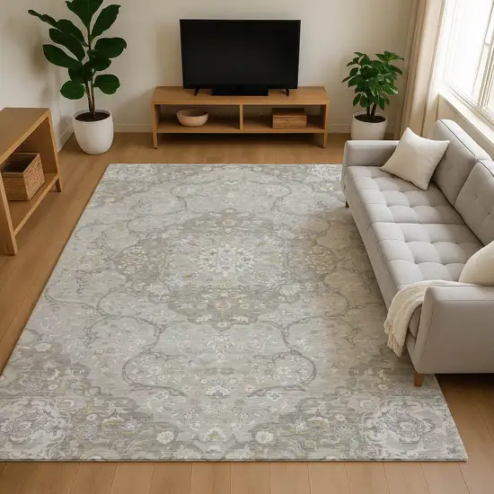 Taupe Gray And Ivory Medallion Washable Area Rug With UV Protection Photo 4