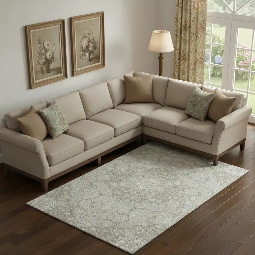 Taupe Gray And Ivory Medallion Washable Area Rug With UV Protection Photo 2