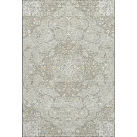 Taupe Gray And Ivory Medallion Washable Area Rug With UV Protection Photo 1