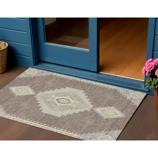 Taupe Gray And Ivory Oriental Washable Indoor Outdoor Area Rug Photo 1