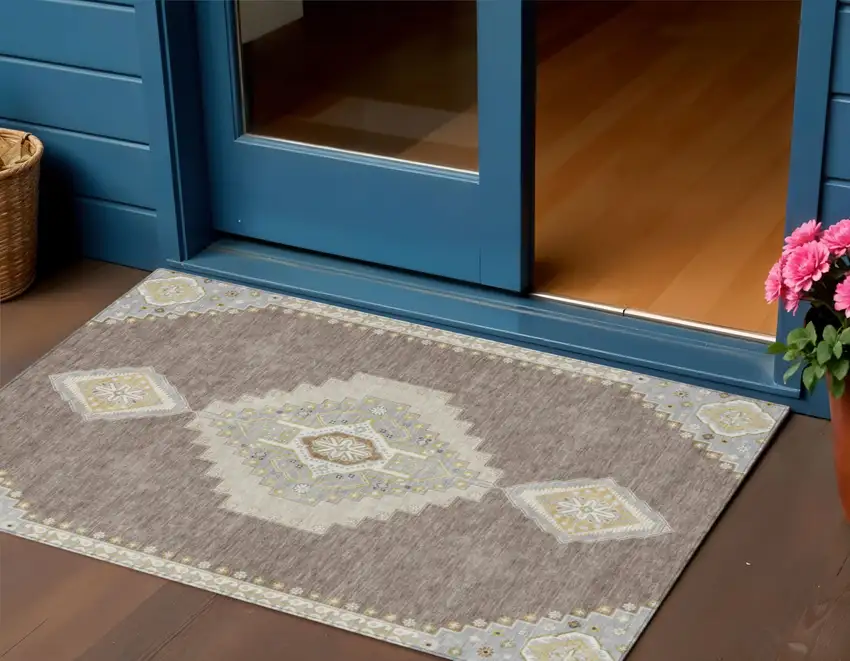 Taupe Gray And Ivory Oriental Washable Indoor Outdoor Area Rug Photo 1
