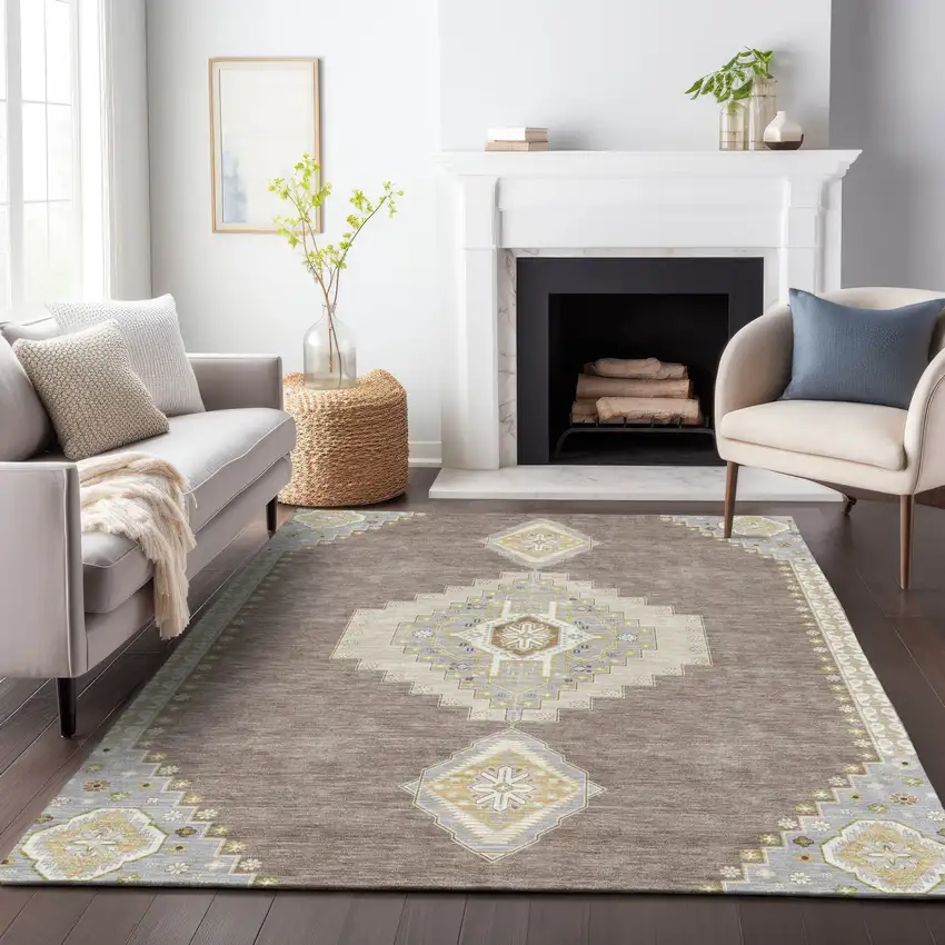 Taupe Gray And Ivory Oriental Washable Indoor Outdoor Area Rug Photo 9