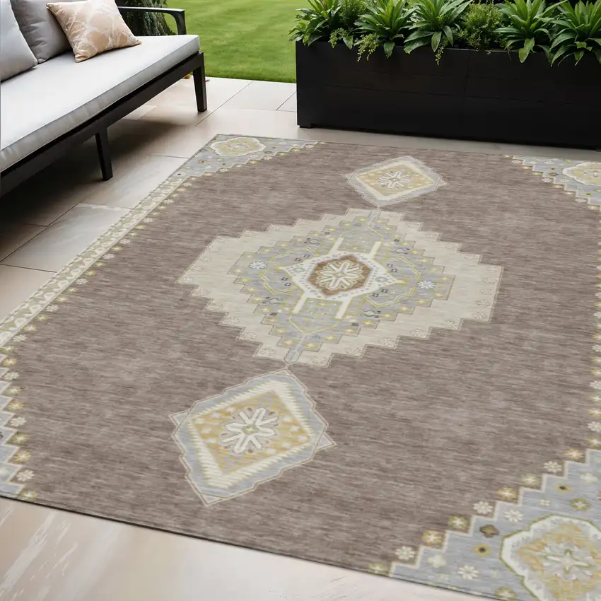 Taupe Gray And Ivory Oriental Washable Indoor Outdoor Area Rug Photo 1