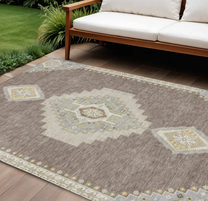 Taupe Gray And Ivory Oriental Washable Indoor Outdoor Area Rug Photo 1