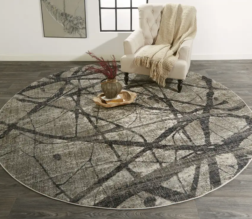 Taupe Gray And Ivory Round Abstract Stain Resistant Area Rug Photo 4