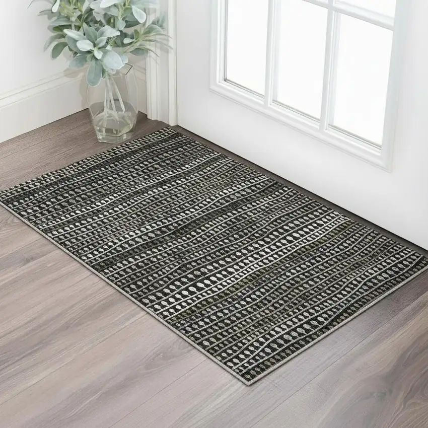Taupe Gray And Ivory Striped Washable Area Rug With UV Protection Photo 2