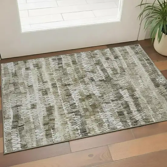 Taupe Gray And Ivory Striped Washable Area Rug With UV Protection Photo 1