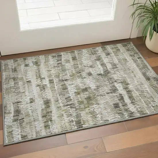 Taupe Gray And Ivory Striped Washable Area Rug With UV Protection Photo 2