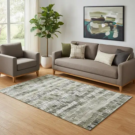 Taupe Gray And Ivory Striped Washable Area Rug With UV Protection Photo 1