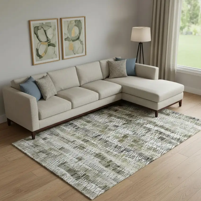 Taupe Gray And Ivory Striped Washable Area Rug With UV Protection Photo 1