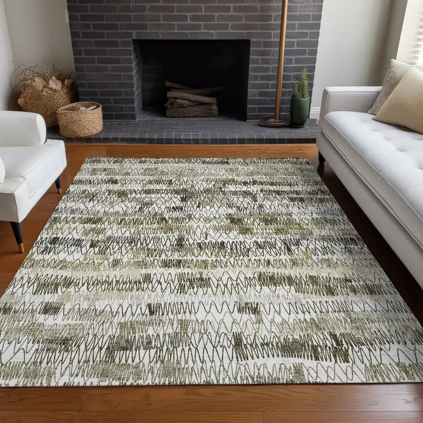 Taupe Gray And Ivory Striped Washable Area Rug With UV Protection Photo 5