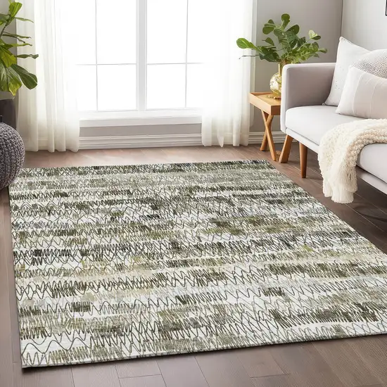 Taupe Gray And Ivory Striped Washable Area Rug With UV Protection Photo 6
