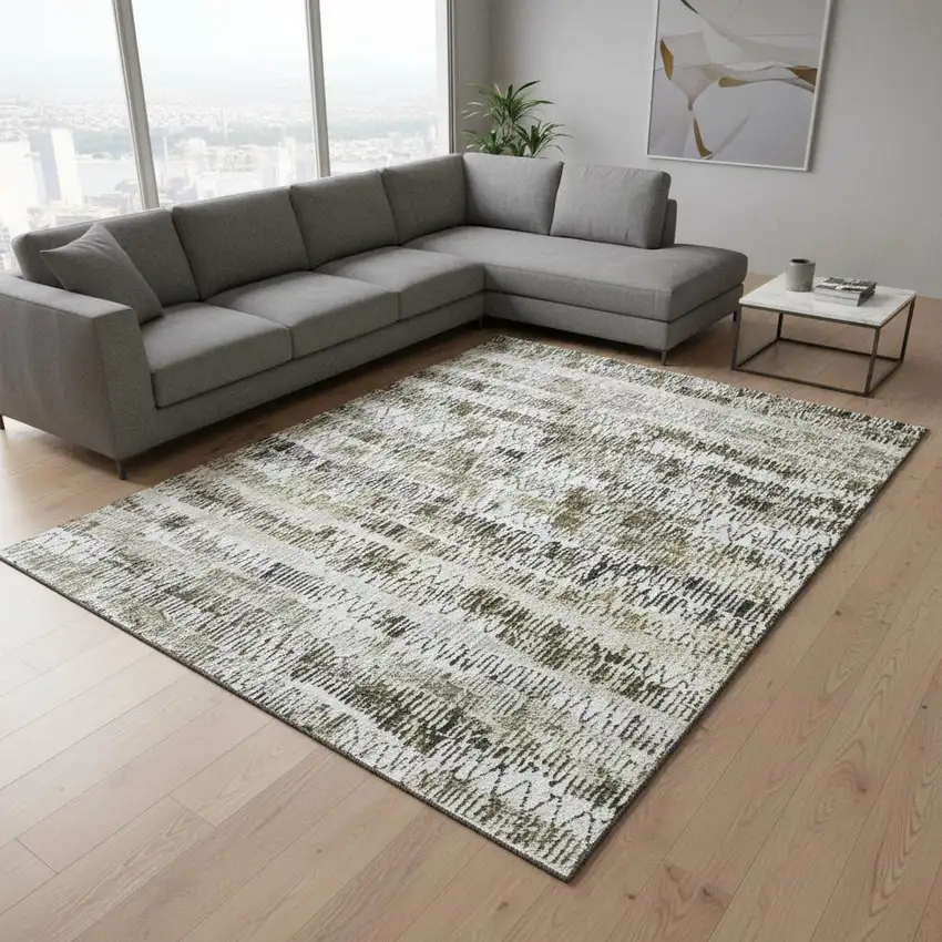 Taupe Gray And Ivory Striped Washable Area Rug With UV Protection Photo 2