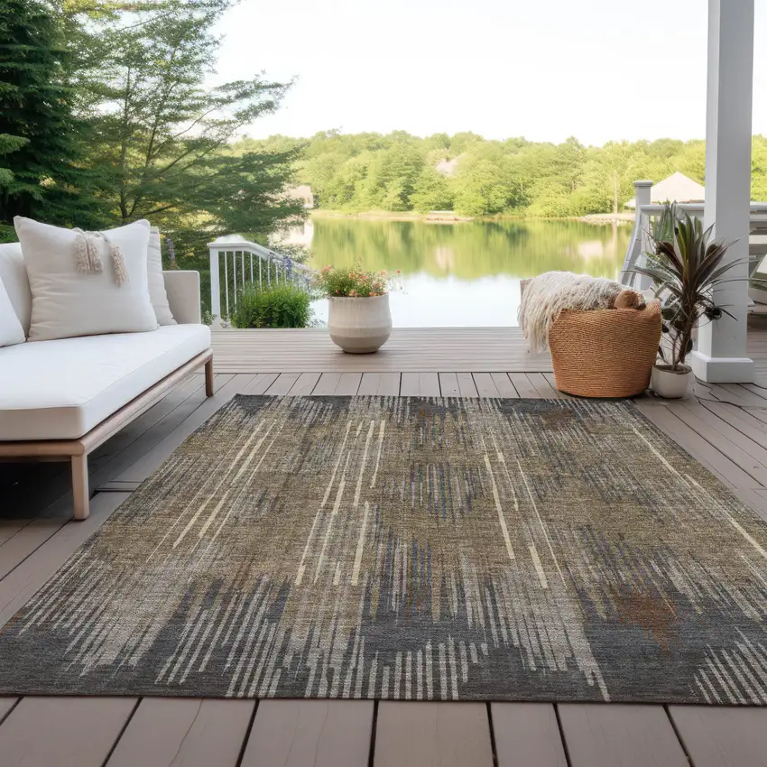Taupe Gray And Ivory Striped Washable Indoor Outdoor Area Rug Photo 9