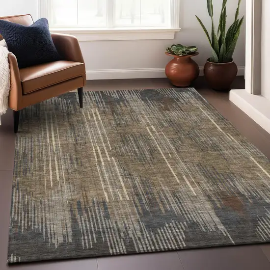 Taupe Gray And Ivory Striped Washable Indoor Outdoor Area Rug Photo 9