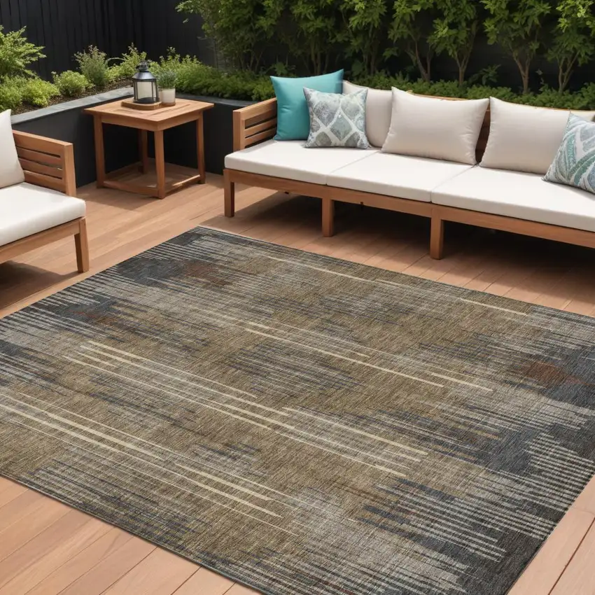 Taupe Gray And Ivory Striped Washable Indoor Outdoor Area Rug Photo 1