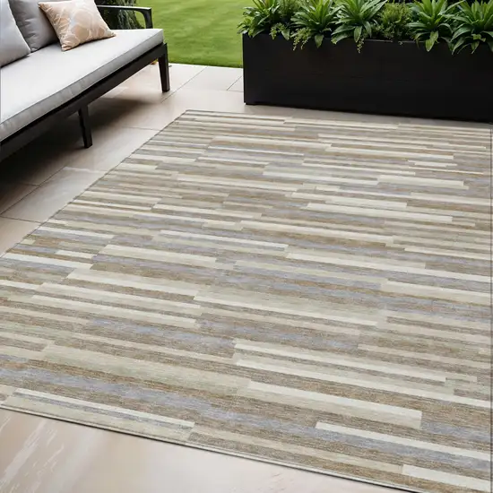 Taupe Gray And Ivory Striped Washable Indoor Outdoor Area Rug Photo 1